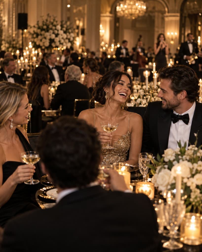 Elegant gala celebration with guests laughing and enjoying champagne