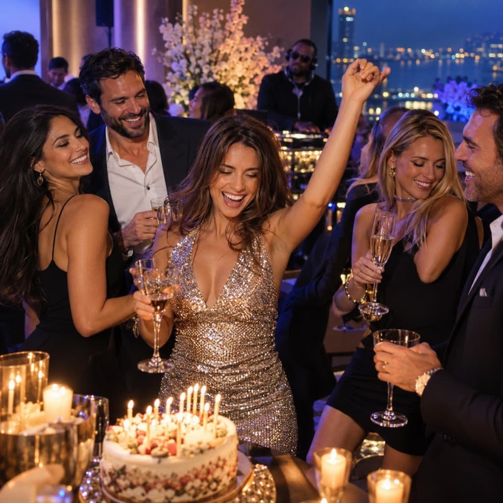 Upscale rooftop party with champagne and city skyline views