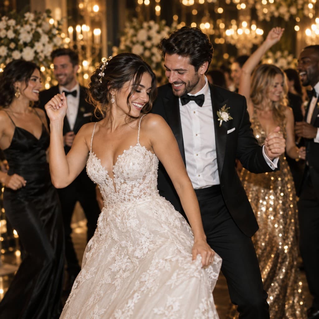Bride and groom dancing joyfully at a luxury wedding reception